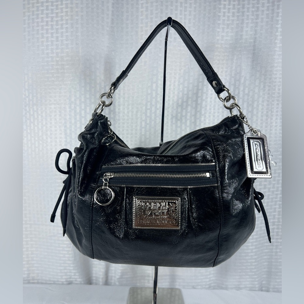 Coach Poppy Black Patent Leather Hobo Bag with Teal Satin Lining & Hangtags